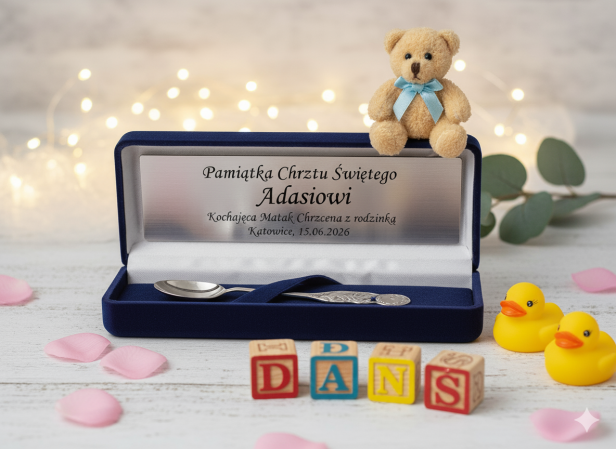 w aranżacji Srebrna łyżeczka w granatowym pudełku z grawerem | Linia BABY SILVER™