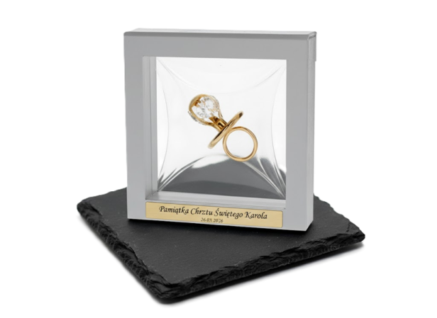 Złocony smoczek CARMANI CRYSTAL w ramce 3D z grawerem – Pamiątka Prezent Dedykacja | Linia BABY GOLD™