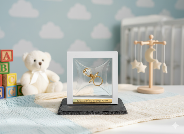 aranżacja Złocony smoczek CARMANI CRYSTAL w ramce 3D z grawerem – Pamiątka Prezent Dedykacja | Linia BABY GOLD™