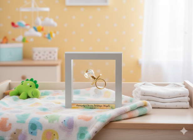 Złocony smoczek CARMANI CRYSTAL w ramce 3D z grawerem – Pamiątka Prezent Dedykacja | Linia BABY GOLD™ w aranżacji