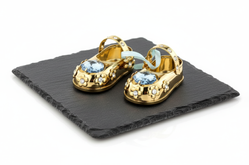 Buciki z kryształkiem CARMANI CRYSTALS – złocone baleriny z błękitnym kryształem | Linia BABY GOLD™