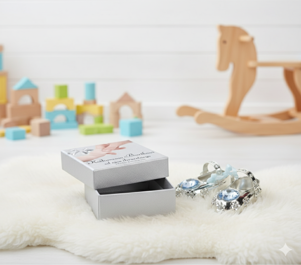 Buciki z kryształkiem niebieskim CARMANI CRYSTALS – srebrne pudełko z nadrukiem | Linia BABY SILVER™ w aranżacji