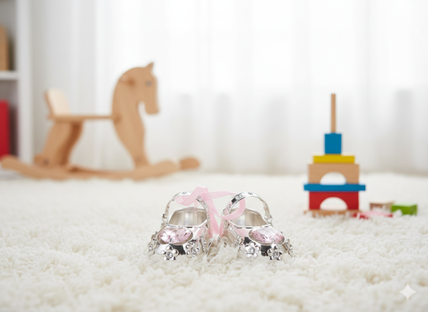 Buciki z kryształkiem różowym CARMANI CRYSTALS – srebrne pudełko | Linia BABY SILVER™ w aranżacji