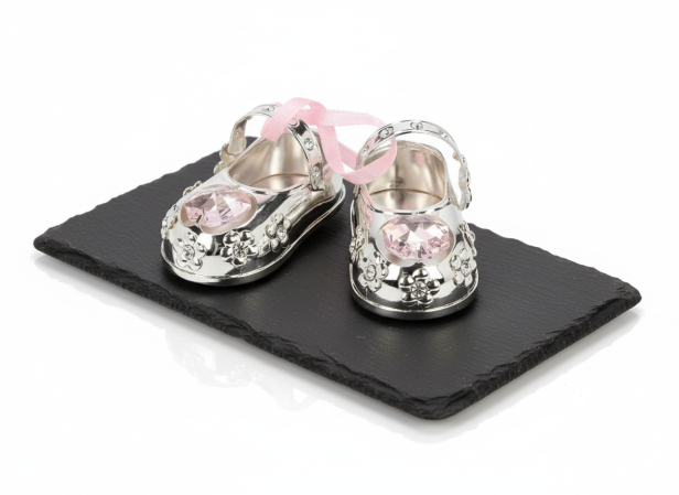 Buciki z kryształkiem różowym CARMANI CRYSTALS – srebrne pudełko | Linia BABY SILVER™