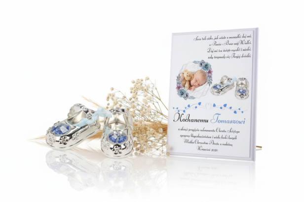 Obrazek 3D z bucikami CARMANI CRYSTALS – Pamiątka Chrztu Świętego | Linia BABY SILVER™