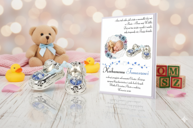 Obrazek 3D z bucikami CARMANI CRYSTALS – Pamiątka Chrztu Świętego | Linia BABY SILVER™ w aranżacji