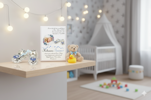 aranżacja Obrazek 3D z bucikami CARMANI CRYSTALS – Pamiątka Chrztu Świętego | Linia BABY SILVER™