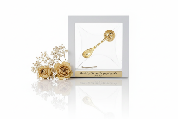 Pozłacana grzechotka pr. 925 w ramce 3D (biała) z grawerem – Pamiątka & Prezent | Linia BABY GOLD™