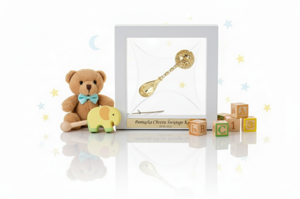 zdjęcie studyjne Pozłacana grzechotka pr. 925 w ramce 3D (biała) z grawerem – Pamiątka & Prezent | Linia BABY GOLD™