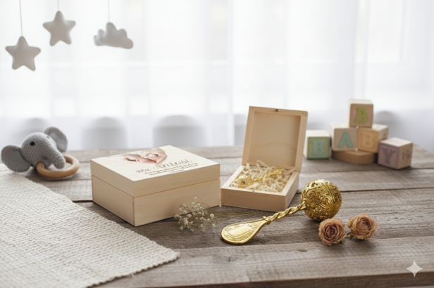 w aranżacji Pozłacana grzechotka pr. 925 w drewnianym pudełku z nadrukiem – Pamiątka & Prezent | Linia BABY GOLD™