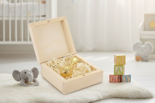 Pozłacana grzechotka pr. 925 w drewnianym pudełku  – Pamiątka & Prezent | Linia BABY GOLD™