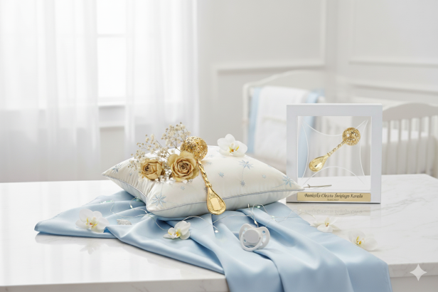 Pozłacana grzechotka pr. 925 w ramce 3D (biała) z grawerem – Pamiątka & Prezent | Linia BABY GOLD™ w dziecięcej aranżacji