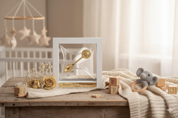 w aranżacji - Pozłacana grzechotka pr. 925 w ramce 3D (biała) z grawerem – Pamiątka & Prezent | Linia BABY GOLD™