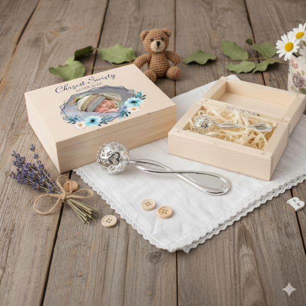 niebieski projekt - Grzechotka ze srebra pr. 925 – 6,5 g w pudełku z nadrukiem | Linia BABY SILVER™