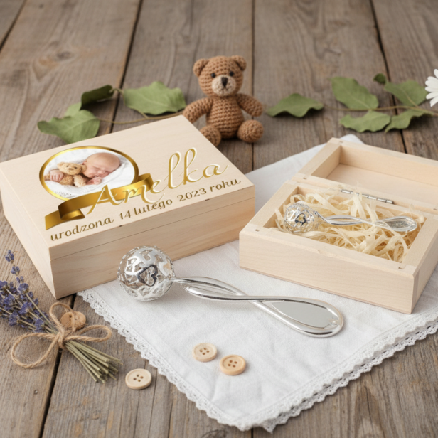 złoty projekt - Grzechotka ze srebra pr. 925 – 6,5 g w pudełku z nadrukiem | Linia BABY SILVER™
