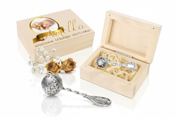 Grzechotka ze srebra pr. 925 – 14,5 g w pudełku z nadrukiem | Linia BABY SILVER™