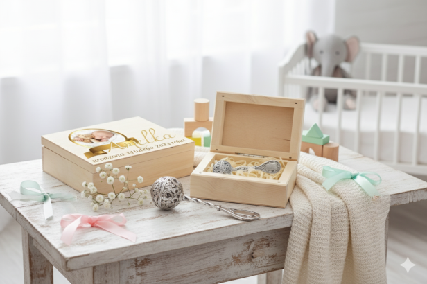 Grzechotka ze srebra pr. 925 – 14,5 g w pudełku z nadrukiem | Linia BABY SILVER™ w aranżacji