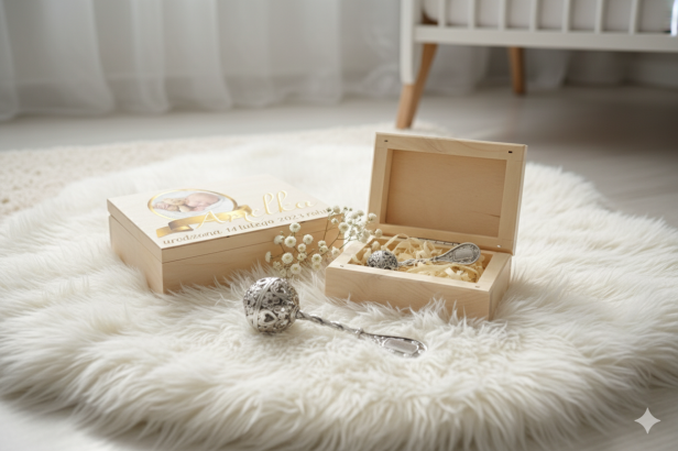 aranżacja Grzechotka ze srebra pr. 925 – 14,5 g w pudełku z nadrukiem | Linia BABY SILVER™