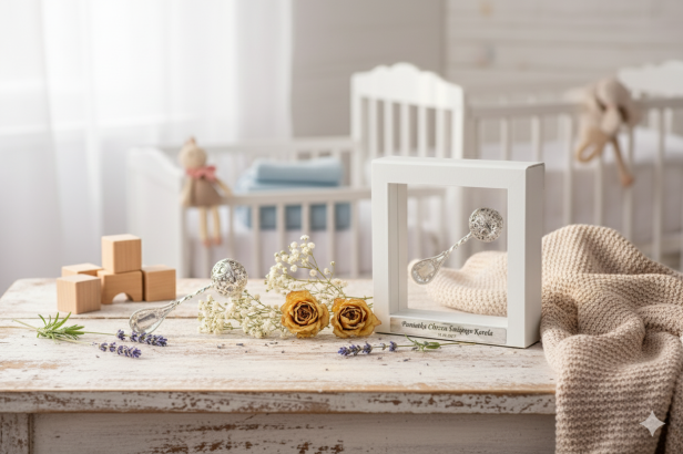 Grzechotka ze srebra pr. 925 – 14,5 g w ramce 3D z grawerem | Linia BABY SILVER™  w aranżacji