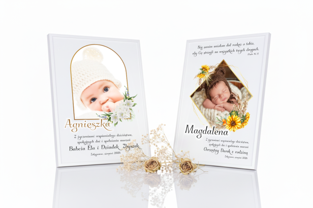 Obraz ze zdjęciem dziecka jako pamiątkowa statuetka – prezent pamiątka na Chrzest, Roczek, Narodziny | Linia AUREA CLASSIC™