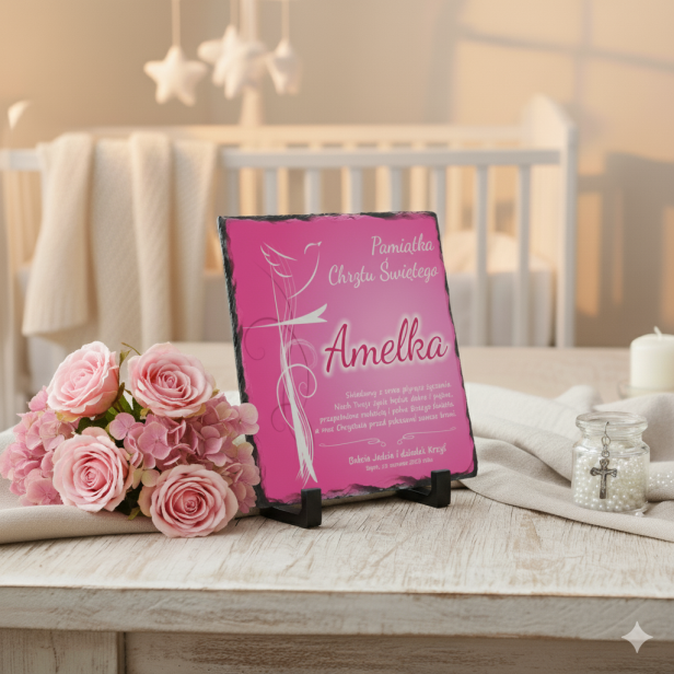 projekt PINK różowy - FOTOGRANIT z dedykacją w pudełku – Pamiątka Chrztu Świętego | Linia AUREA STONE™