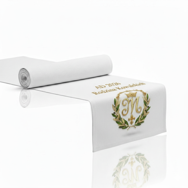 Bieżnik pod zestaw kolędowy z Monogramem Maryi – personalizowany nadruk | Linia DOMUS SACRA™