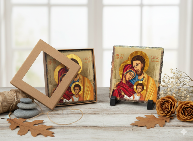 w aranżacji i pudełkiem w zestawie - FOTOGRANIT z motywem Rodziny Świętej Bizantyjskiej – Obrazek Religijny na granicie | Linia AUREA STONE™