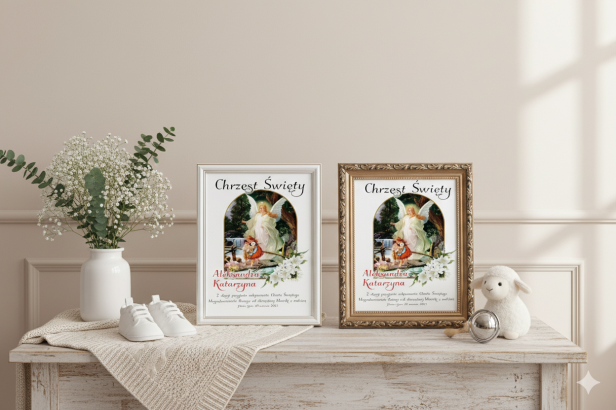 w aranżacji - Obraz pamiątkowy na Chrzest Święty – Twój Anioł Stróż, druk na szkle | Linia DOTYK SACRUM™