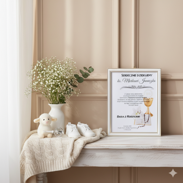 w aranżacji - Podziękowanie dla księdza od dzieci komunijnych – nadruk na szkle, BIAŁA RAMA | Linia DOTYK SACRUM™
