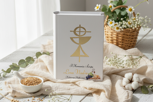 aranżacja  Skarbczyk komunijny Droga do Nieba z personalizowanym nadrukiem – pamiątka i modlitwa