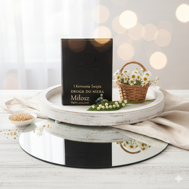 Skarbczyk komunijny Droga do Nieba CZARNY z personalizowanym nadrukiem – pamiątka i modlitwa w aranżacji