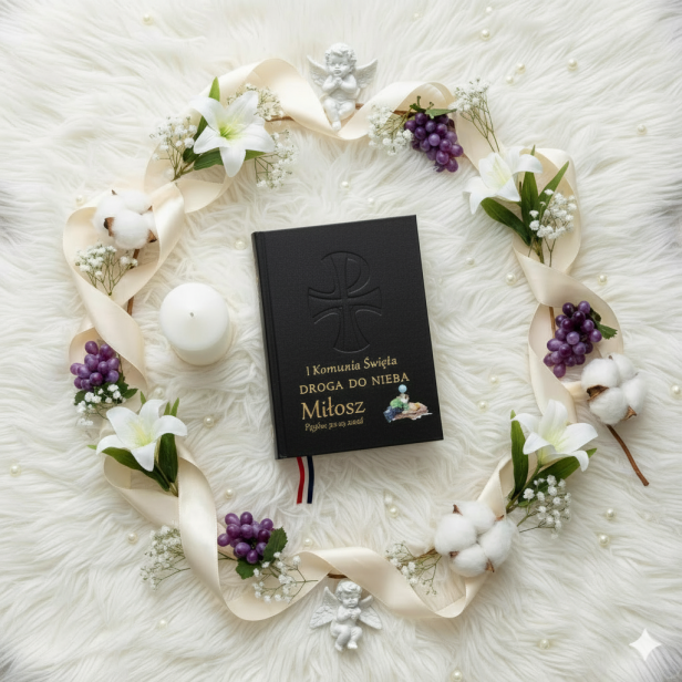 aranżacja Skarbczyk komunijny Droga do Nieba CZARNY z personalizowanym nadrukiem – pamiątka i modlitwa