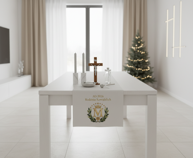 aranżacja Bieżnik pod zestaw kolędowy z Monogramem Maryi – personalizowany nadruk | Linia DOMUS SACRA™