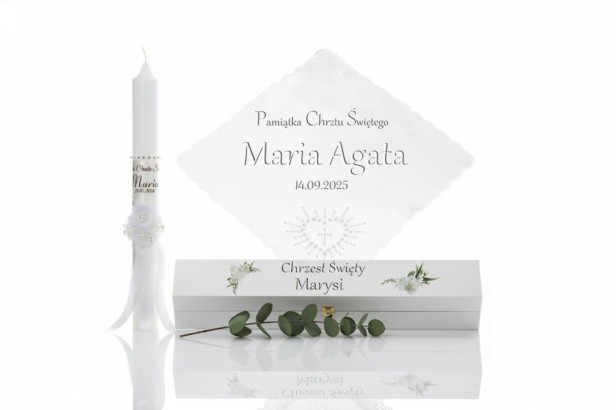 Zestaw do Chrztu Świeca Szatka Pudełko na Chrzest Esencja Blasku