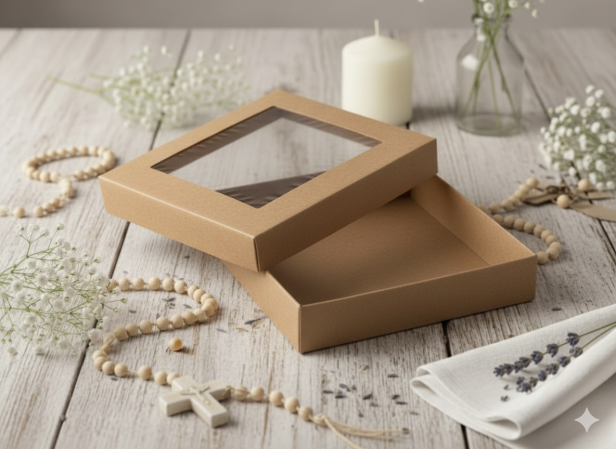 pudełko z okienkiem- Szatka na Chrzest ze zdjęciem dziecka – Pamiątka BIAŁY JAŚMIN PIASEK AFRYKI (chusteczka z koronką)