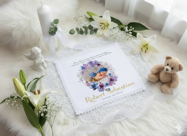 Akwarela projekt -  Szatka na Chrzest ze zdjęciem dziecka – Pamiątka BIAŁY JAŚMIN PIASEK AFRYKI (chusteczka z koronką)