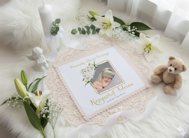 Biały Jaśmin projekt -  Szatka na Chrzest ze zdjęciem dziecka – Pamiątka BIAŁY JAŚMIN PIASEK AFRYKI (chusteczka z koronką)