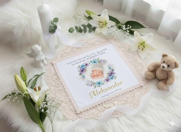 projekt ROYAL BLUE Szatka na chrzest ZE ZDJĘCIEM maleństwa - Pamiątka Chrztu Świętego