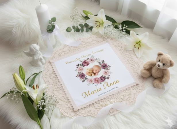 projekt ROYAL PINK Szatka na chrzest ZE ZDJĘCIEM maleństwa - Pamiątka Chrztu Świętego