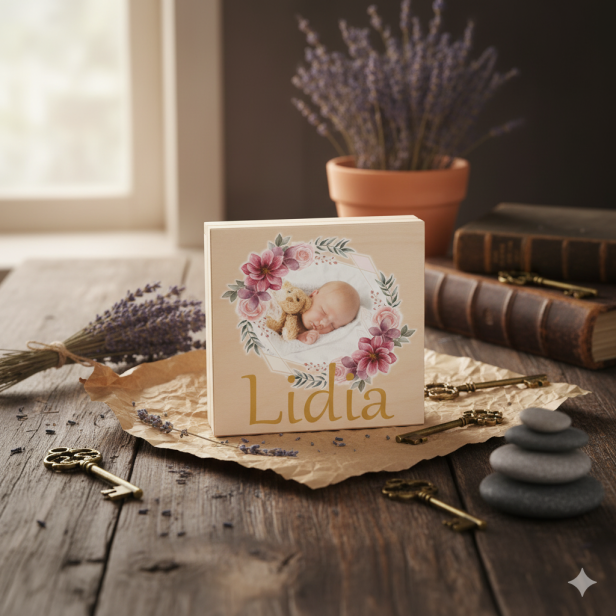 pudelko z nadrukiem drewniane -  Szatka na Chrzest ze zdjęciem dziecka – Pamiątka ROYAL BABY (chusteczka z koronką)