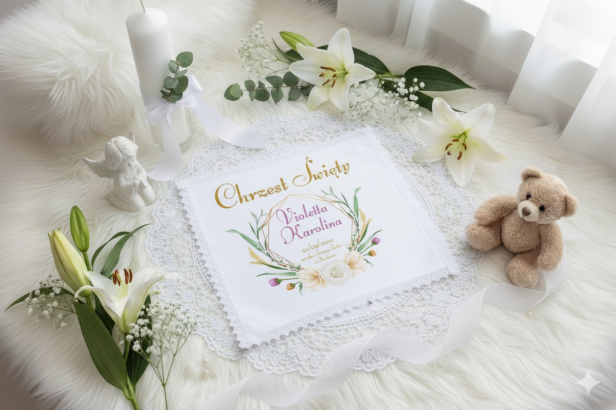 Szatka na Chrzest koronka OLIMP – Pamiątka Chrztu Świętego (Złoto Bogini)