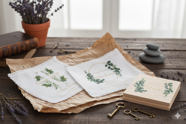 pudełko drewniane n nadrukiem Szatka na Chrzest koronka EUKALIPTUS – Pamiątka Chrztu Świętego (chusteczka z satyny)