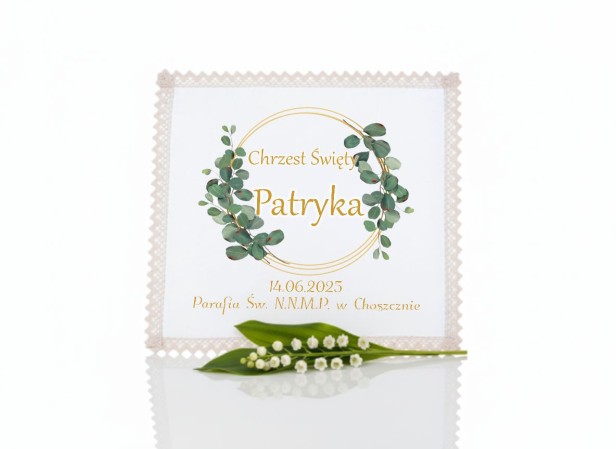 Szatka na Chrzest koronka EUKALIPTUS – Pamiątka Chrztu Świętego (chusteczka z satyny)