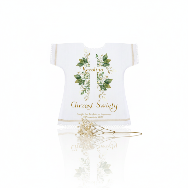Szatka na Chrzest KRZYŻ – personalizowana koszulka z eukaliptusem