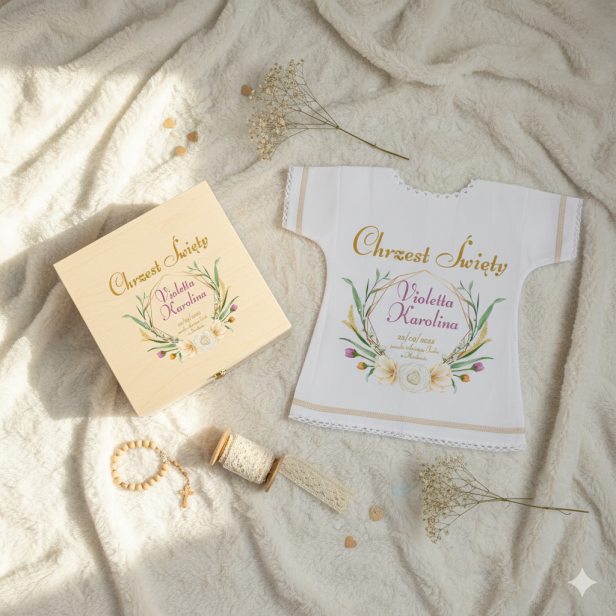 z pudełkiem drewnianym z nadrukiem -  Szatka na chrzest z motywem RZYMSKIM - Pamiątka Chrztu Świętego