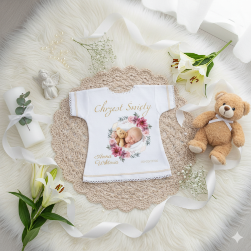 MOTYW ROYAL PINK - Szatka chrzcielna ZE ZDJĘCIEM dziecka - Pamiątka Chrztu Świętego