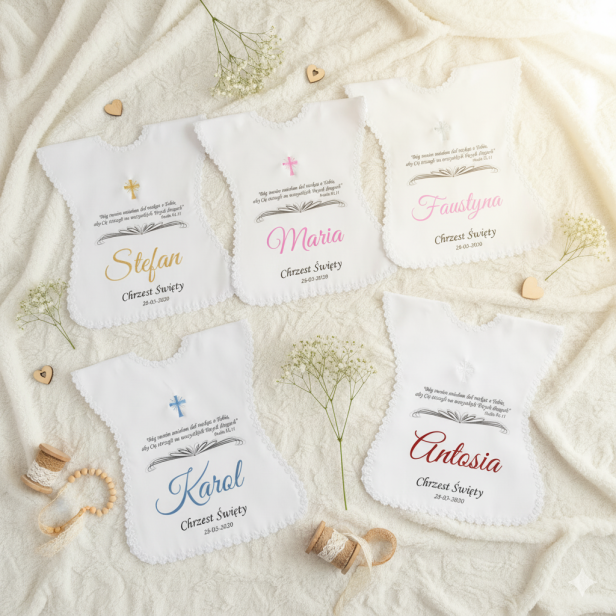 kolorystyka do wyboru -  Szatka na Chrzest KRZYŻ PAPIESKI – atłasowa koszulka z haftem i cytatem z Psalmu 91,11