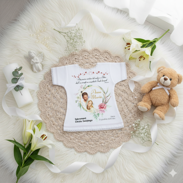 Szatka na Chrzest ŚWIĘTA RODZINA – personalizowana pamiątka Chrztu Świętego w aranżacji
