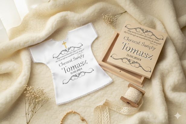 Szatka na Chrzest VINTAGE BIAŁY – elegancka koszulka z nadrukiem krzyżmo z pudelkiem drewnianym w zestawie