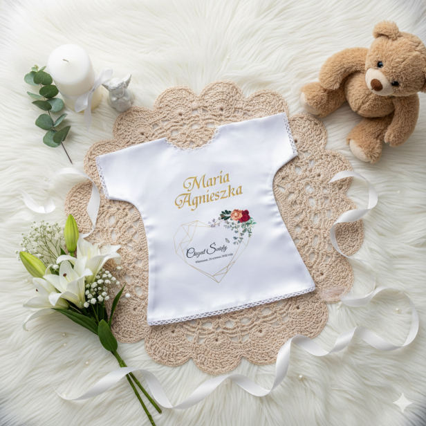 Szatka na Chrzest HIMMELI GOLD – elegancka pamiątka Chrztu Świętego z nadrukiem  w aranżacji